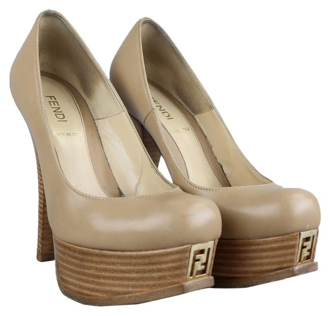 Fendi Beige Sand Beige Leather Logo Stacked Platform Pumps 