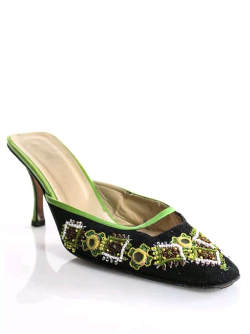 Fendi Black Green Yellow White Beaded Mules Slide On Slides Leather High Heels Pumps Clogs Sandals 