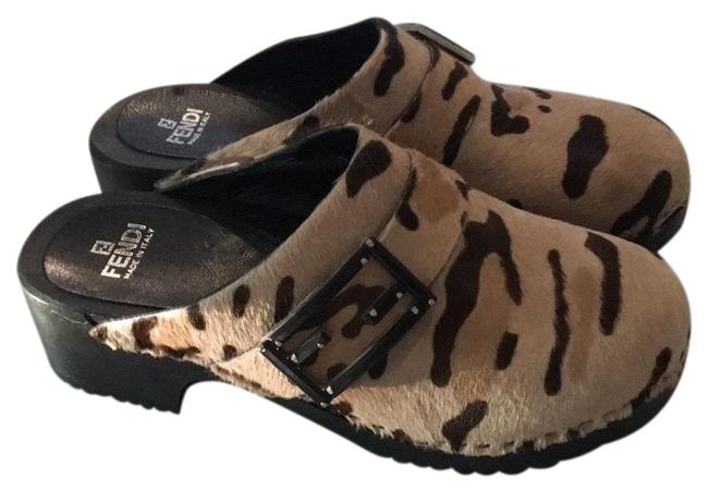 Fendi Tan Animal Print Pony Hair Mules Slides 