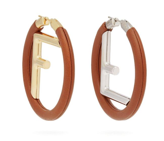 Fendi Tan Brown Gold Silver Logo Leather Hoop In Rare Earrings