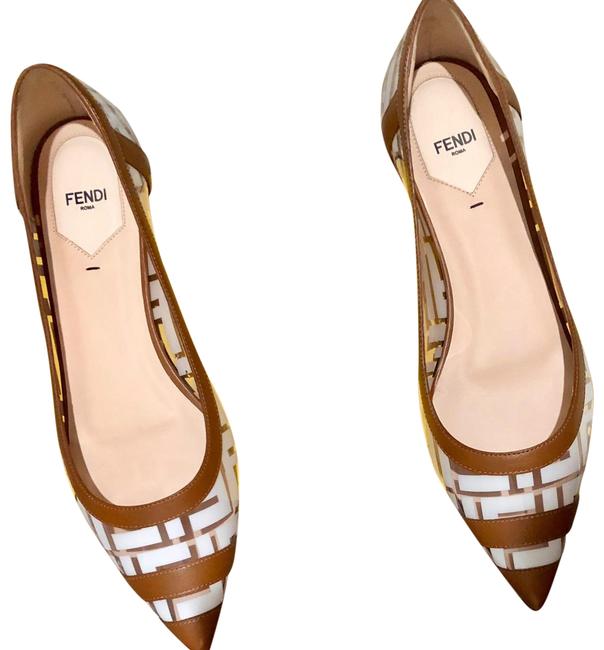 Fendi White and Tan Logo Clear with Imprint Flats 