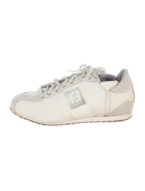 Fendi White Creme Canvas and Grey Suede Round toe Sneakers 