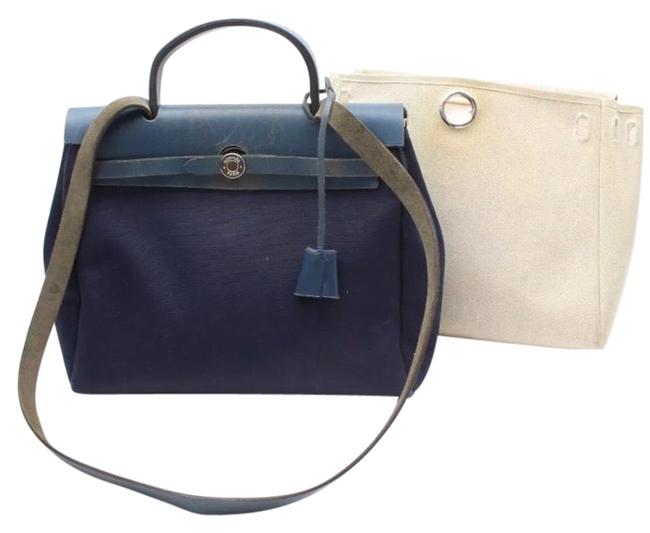 Hermes 2 In 1 Navy BlueBeige CanvasLeather Shoulder Bag