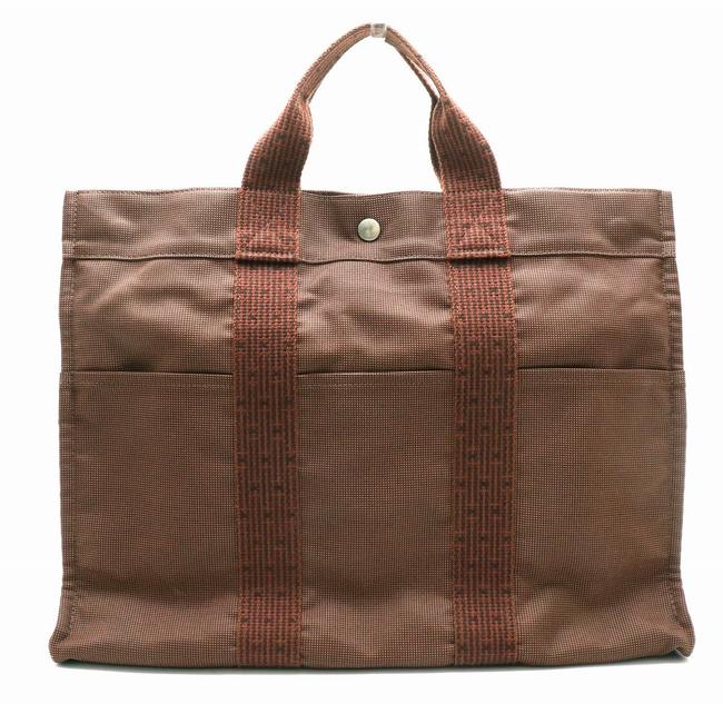 Hermes Her Line Tote Mm Handbag Brown Nylon Canvas