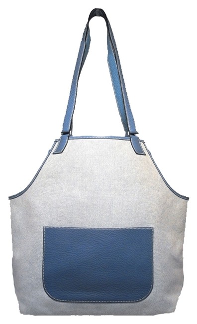 Hermes Tote And Blue Clemence Leather Apron Beige Canvas Toile Shoulder Bag