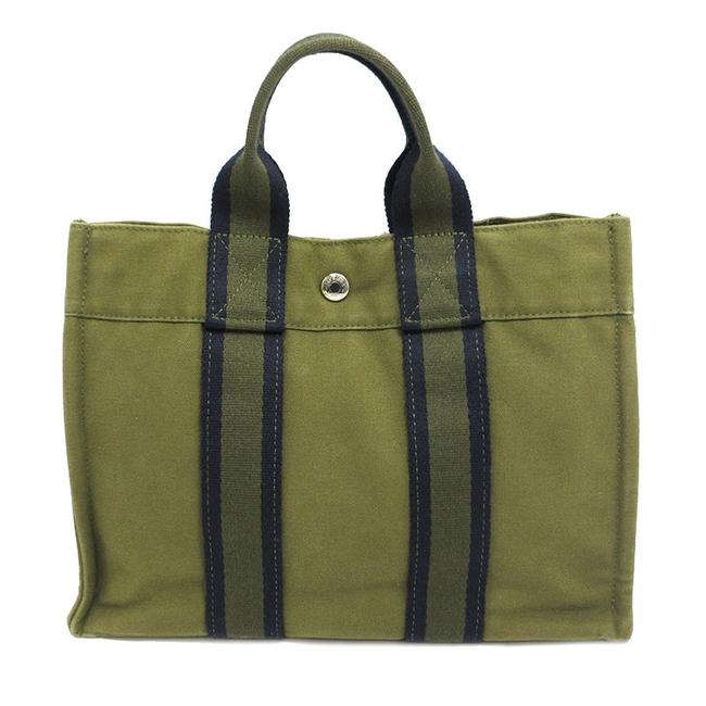 Hermes Bag Fourre tout Pm Ladies Men KhakiNavy CottonCanvas Tote
