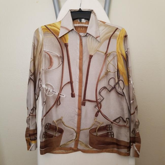 Hermes Beige Multicolor Long Sleeve Shirt 34 Blouse Size 0 XS