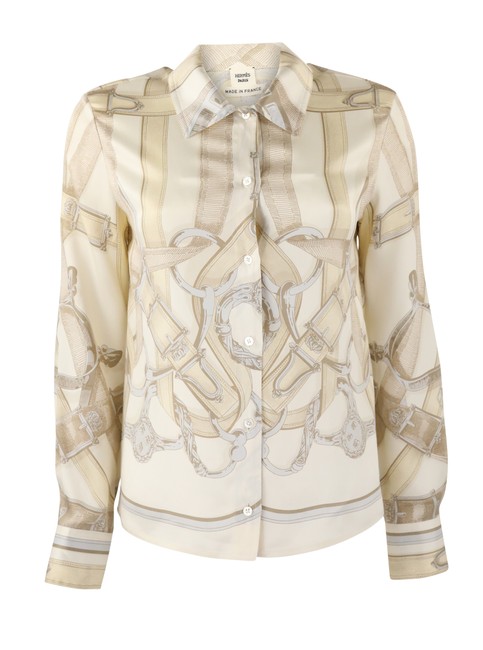 Hermes Beige Silk Printed Button Down Blouse 