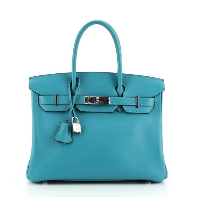 Hermes Birkin Handbag Swift with Palladium Hardware 30 Turquoise Leather Tote