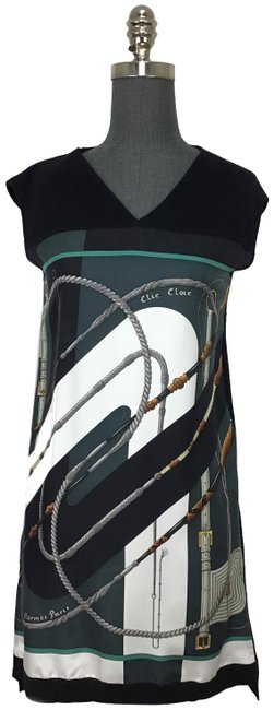 Hermes Black Clac Printed Silk Mid length Formal Dress 