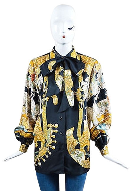 Hermes Black Multicolor Silk Carousel Animal Print Neck Tie Ls Blouse