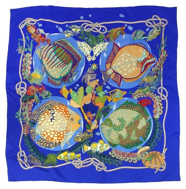 Hermes Blue Fish Print Silk Scarf Activewear Outerwear