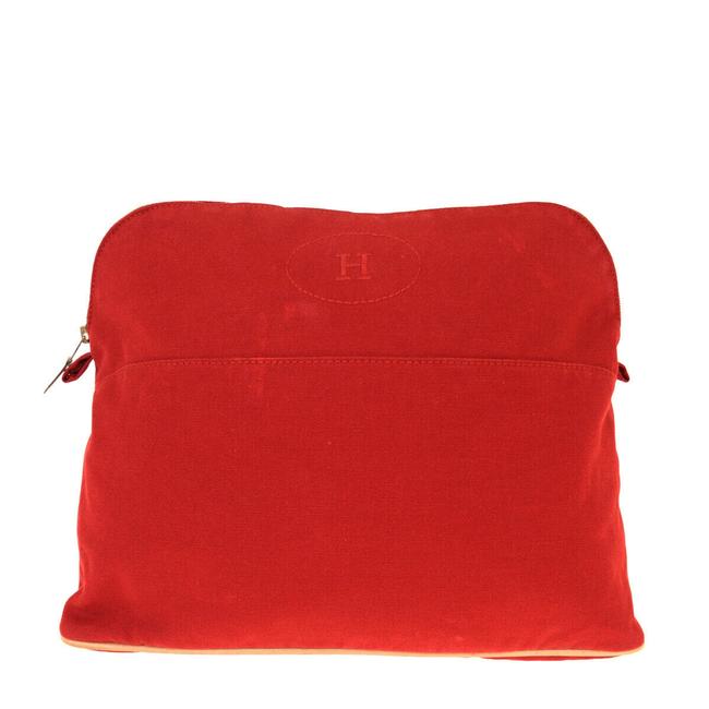 Hermes Bolide Logos Gm Pouch Leather Red Cotton Clutch