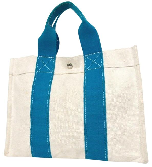 Hermes Bora Bora Pm Ivory Teal Blue Canvas Tote