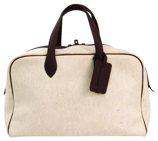 Hermes Boston Bag Victoria 43 Unisex BeigeDark Brown CanvasLeather Satchel