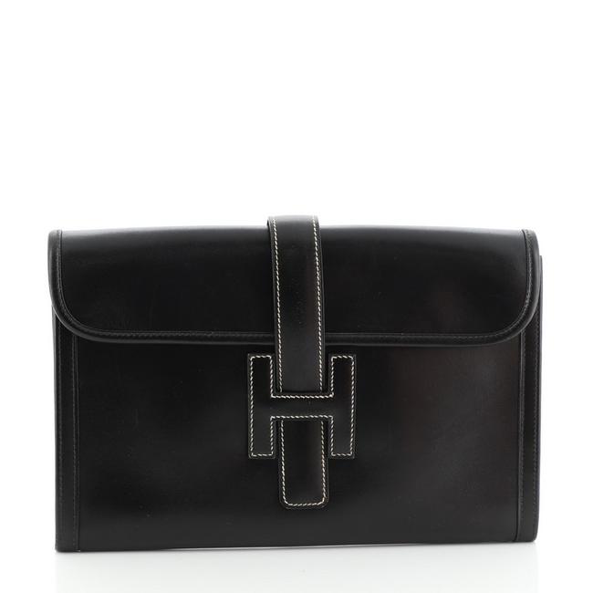 Hermes Box Jige Calf Pm Black Leather Clutch