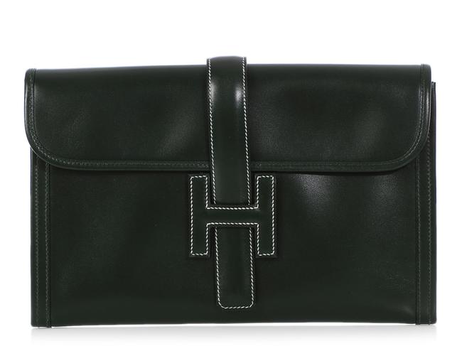 Hermes Box Jige Pm Green Calfskin Leather Clutch