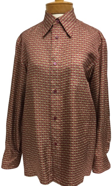 Hermes Burgundy Gold Printed Long Sleeve Shirt Blouse 