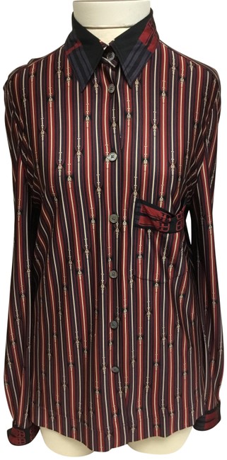 Hermes Burgundy Navy Belt Printed Blouse 