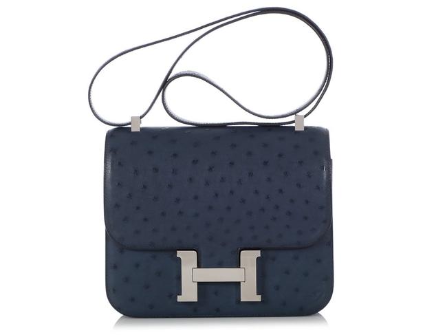 Hermes Constance 24 Bleu De Malte Blue Ostrich Leather Shoulder Bag