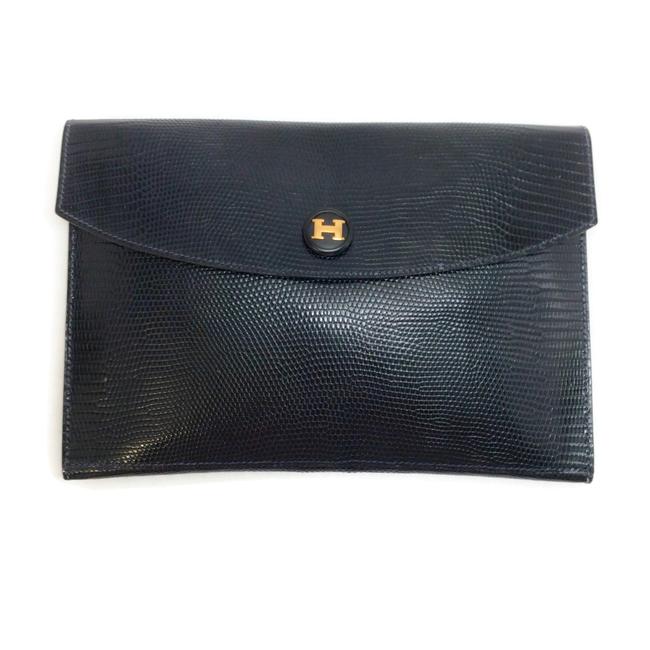 Hermes Envelope Pouch Navy Blue Lizard Skin Leather Clutch