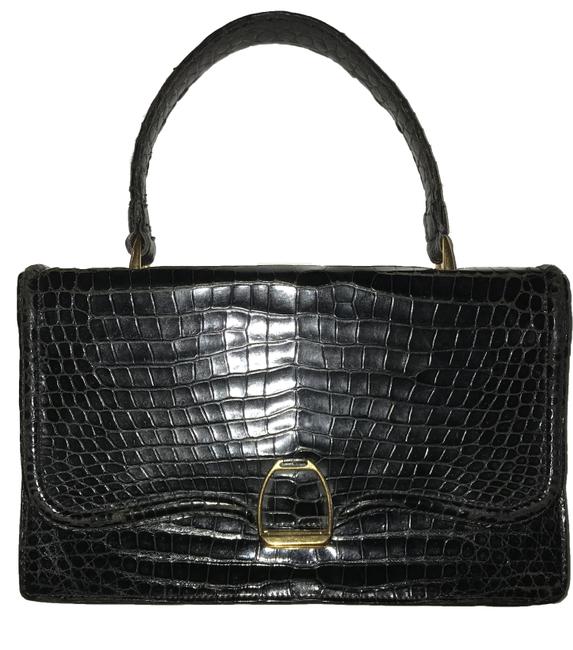 Hermes Extremely Rare Etrier Handbag Black Crocodile Skin Leather Satchel