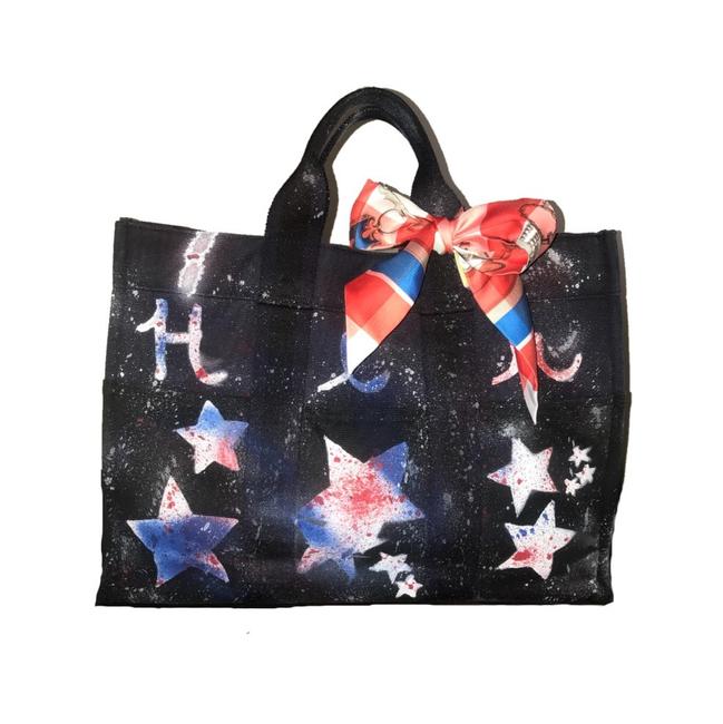 Hermes Fourre Tout W Mm Custom Painted W Twilly Red White &amp; Blue Canvas Tote