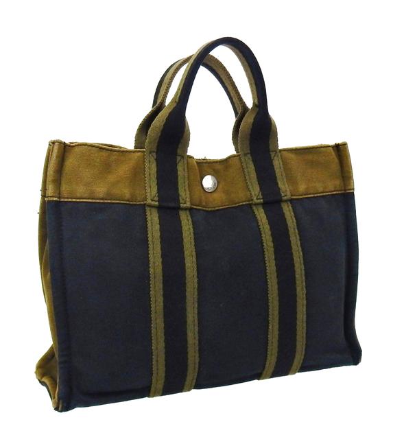 Hermes Fourre Tout Pm Army Green and Blue Canvas Tote