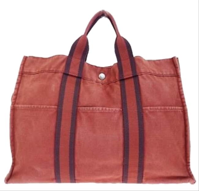 Hermes Fourre Tout Red Mm Blue Cotton Canvas Tote