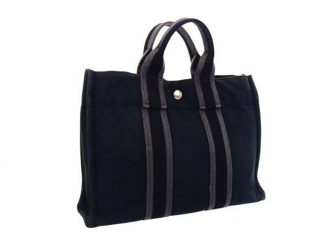 Hermes Fourre Tout Vintage Pm Black and Gray Canvas Tote
