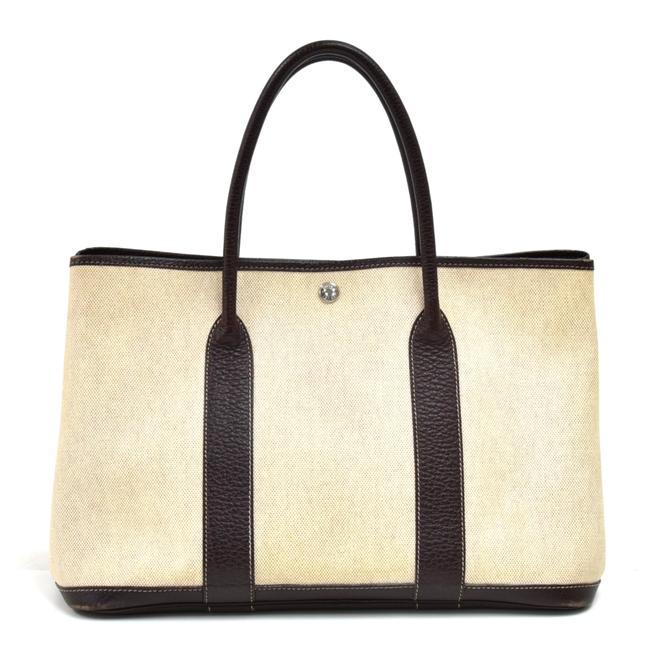 Hermes Garden Party Bag Pm Chocolate Brown Leather Beige Coated Canvas Tote