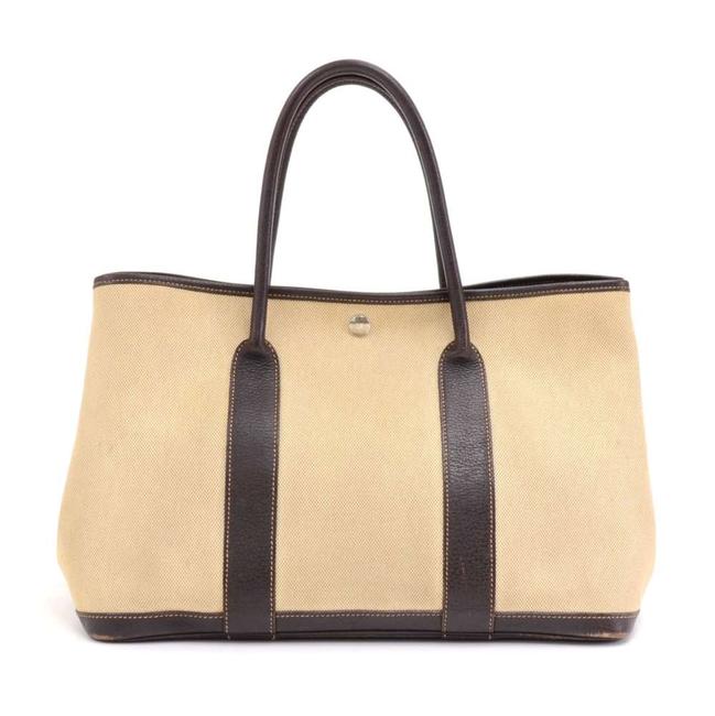 Hermes Garden Party Pm Chocolate Brown Leather Hand Beige Canvas Tote