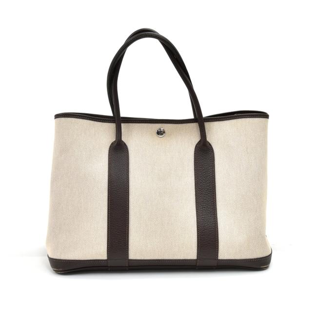 Hermes Garden Party Pm Chocolate Brown Leather Handbag Beige Canvas Tote