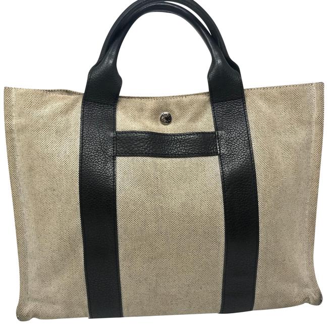 Hermes Harnais Black &amp;whiteEcru Clememce Leather and Toile Tote