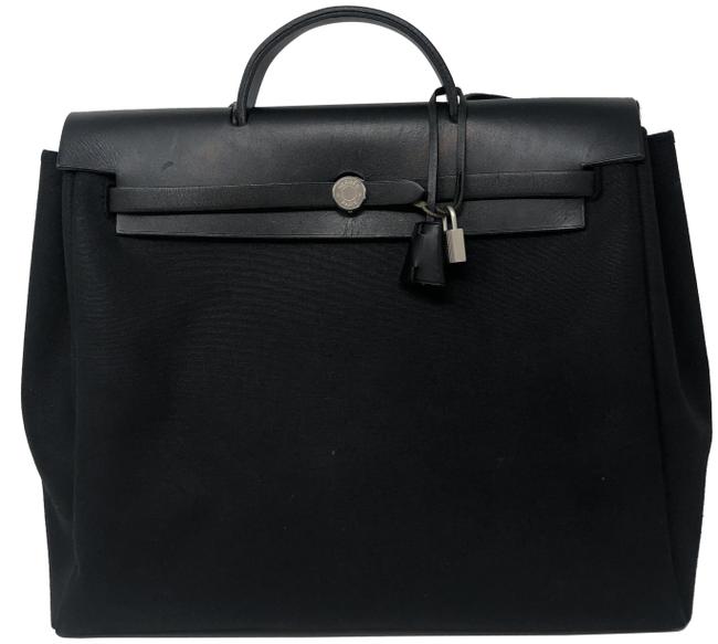 Hermes Herbag 2 In 1 Black Leather and Canvas Shoulder Bag