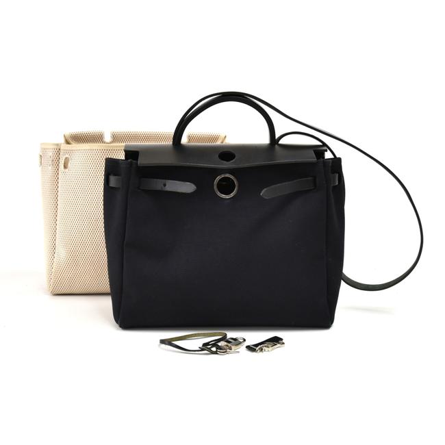 Hermes Herbag 30 Pm 2 in 1 Black Beige Canvas Shoulder Bag