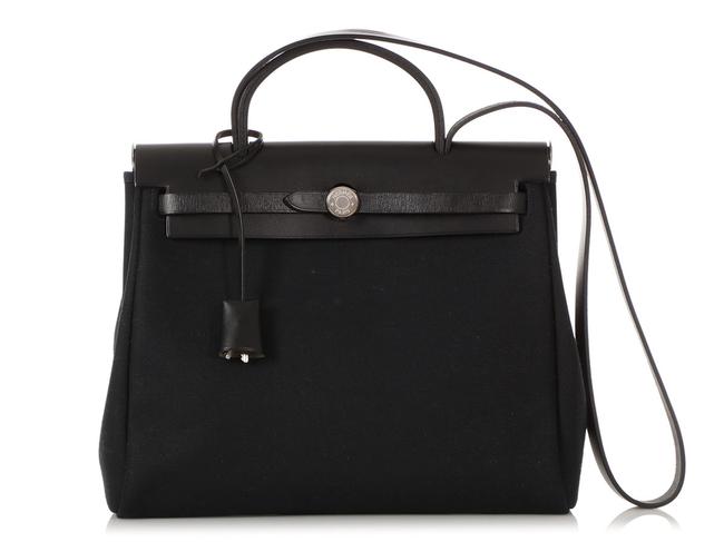 Hermes Herbag Cream Toile And Black Canvas Cross Body Bag