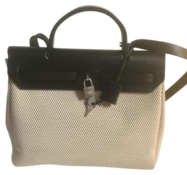 Hermes Herbag Kelly 31 Toile Black Beige Leather Shoulder Bag