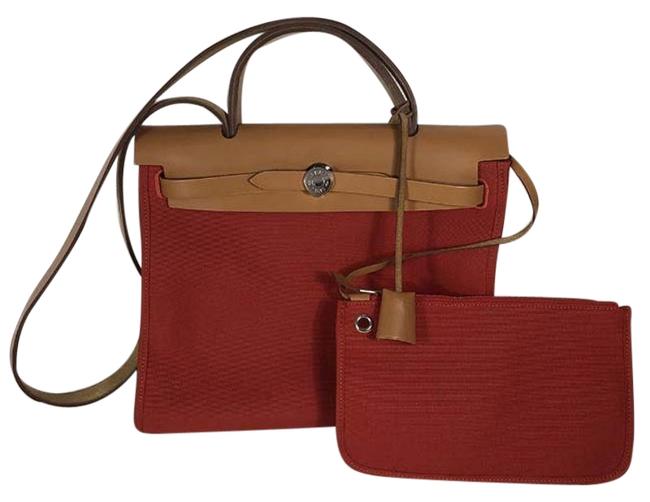 Hermes Herbag Kelly Toile Beige Red Leather Shoulder Bag