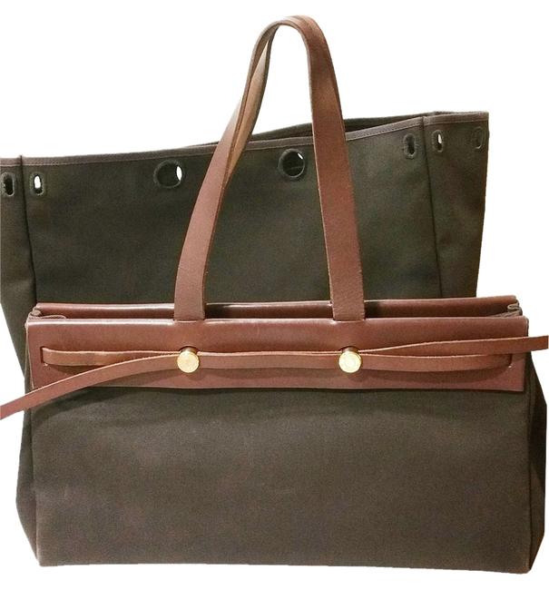Hermes Herbag Large 2 In 1 Tote Brown Leather Canvas Shoulder Bag