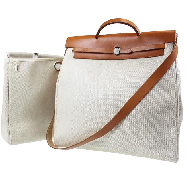 Hermes Herbag Mm Toile H Leather Beige Shoulder Bag