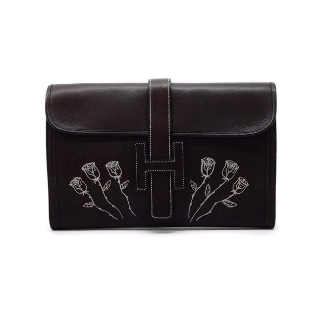 Hermes Jige Floral Detail Dark Brown Leather Clutch