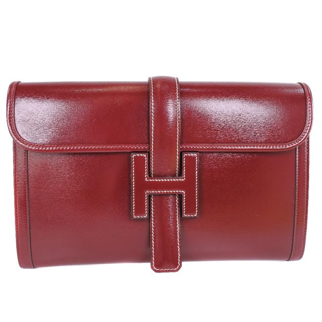 Hermes Jige Second Unisex BordeauxRed Color Box Calf Leather Clutch