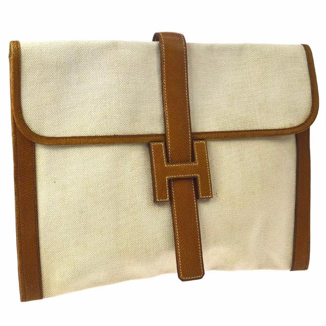 Hermes Jige Beige Tan Canvas Clutch