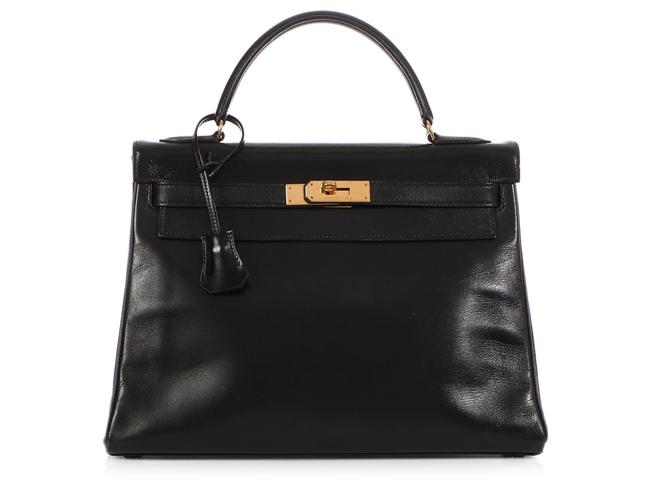 Hermes Kelly Box 32 Vintage Black Calfskin Leather Shoulder Bag