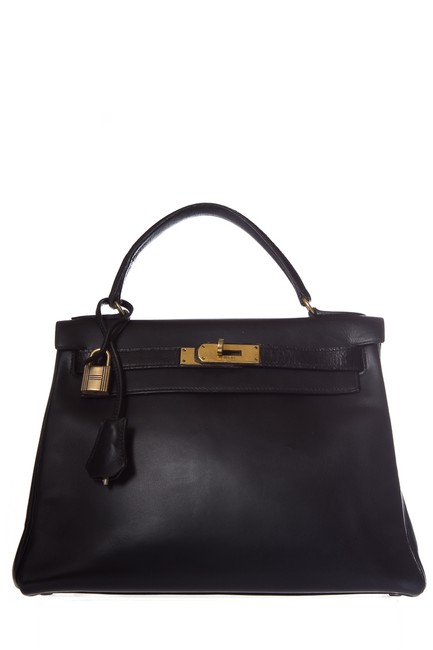 Hermes Kelly Box Black 25 Handle Noir Leather Tote