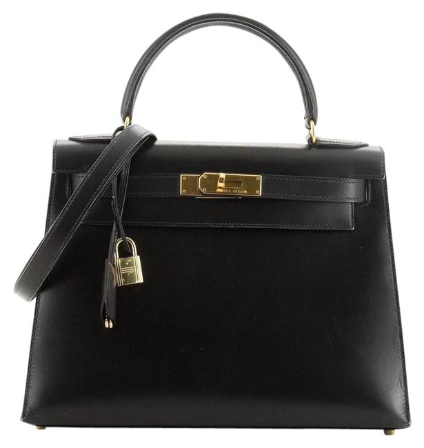 Hermes Kelly Box Handbag Noir Calf with Gold Hardware 28 Black Leather Tote