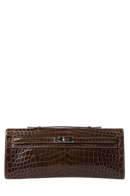 Hermes Kelly Cut Longue Brown Crocodile Skin Leather Clutch