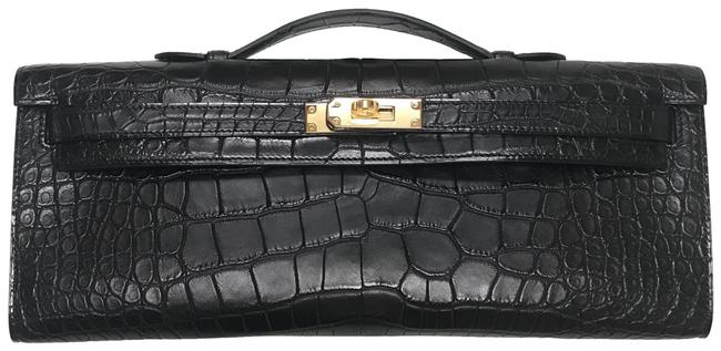 Hermes Kelly Cut Matte Black Alligator Skin Leather Clutch