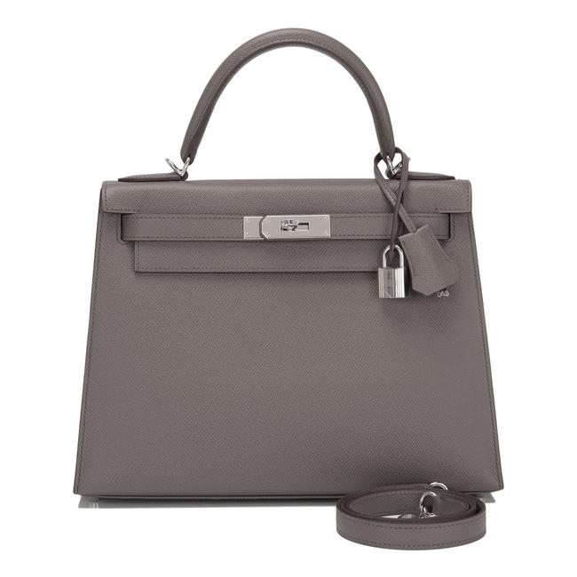 Hermes Kelly Epsom Sellier 28cm Palladium Hardware Etain Grey Leather Satchel